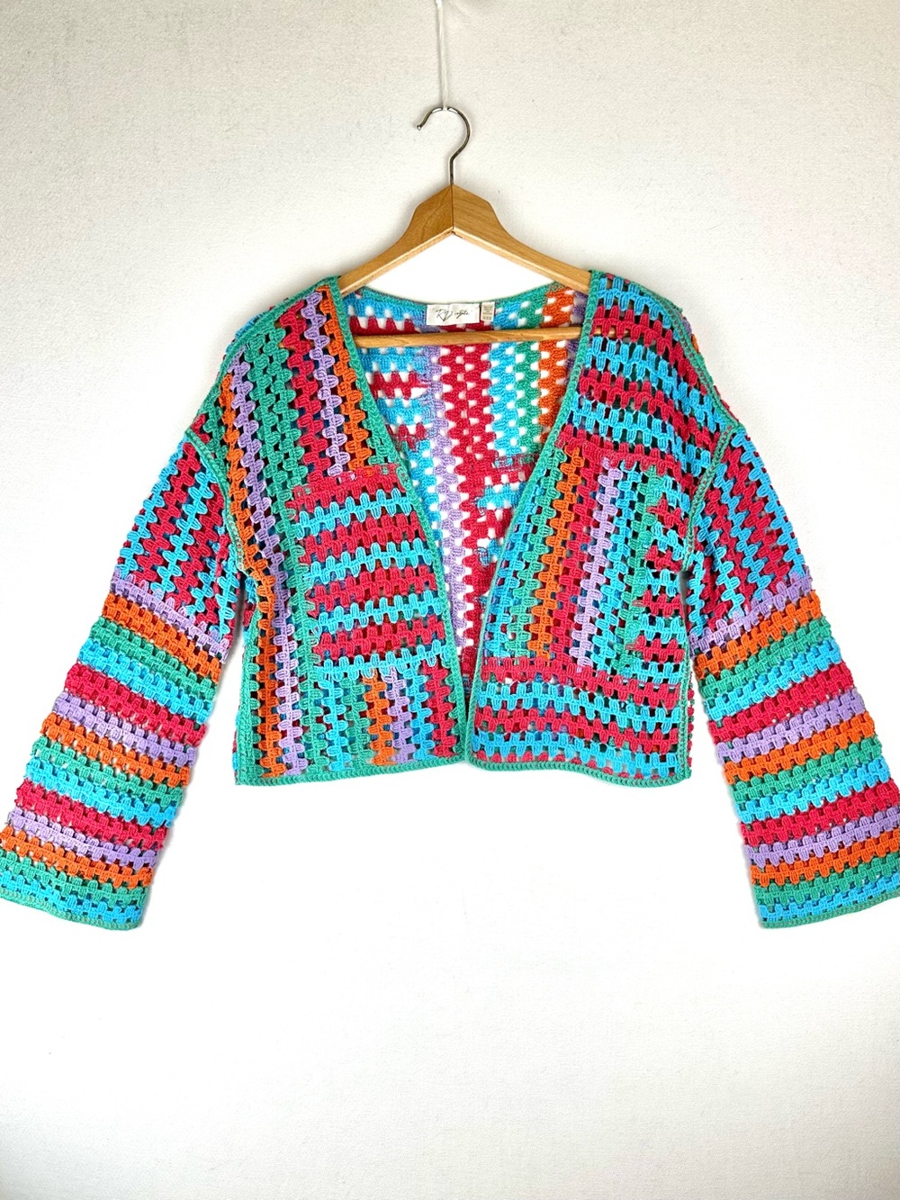 RD Style Crochet Multi Colored Wide Sleeve Cardigan Open Front Boho Hippie